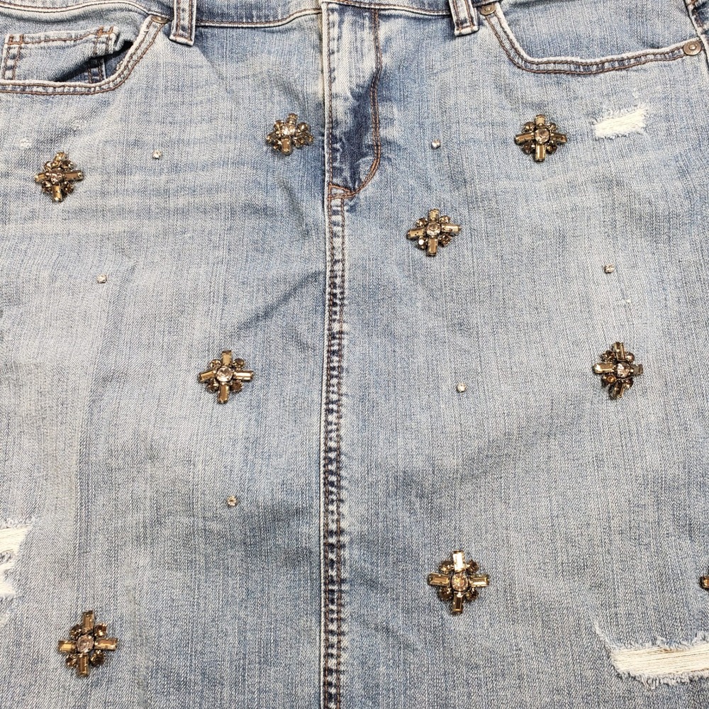 LOFT Womens Embellished Distressed Denim Mini Skirt 14 Blue Rhinestone - Picture 8 of 9